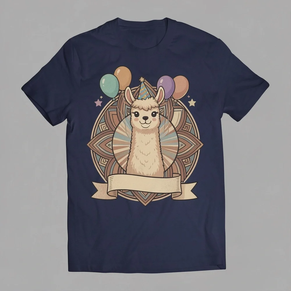 Gildan Navy Tee with Cream Llama and Pastel Balloons